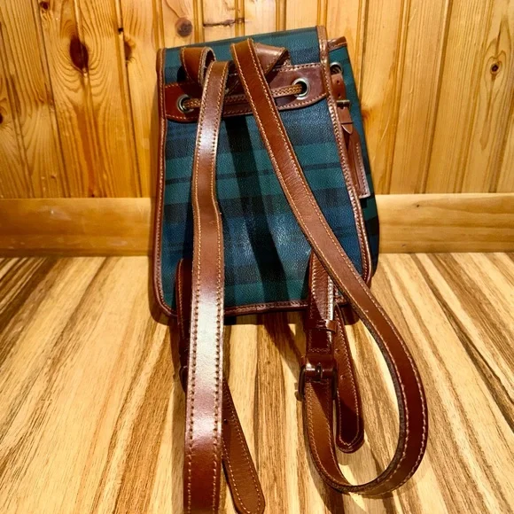 Vintage Polo Ralph Lauren BlueGreen Plaid Leather-Trimming